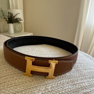 Hermes Brown and Gold Reversible Leather Belt